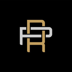 Initial letter P and R, PR, RP, overlapping interlock logo, monogram line art style, silver gold on black background
