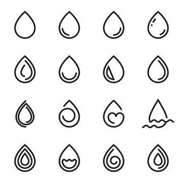 Drop icons. Collection of linear droplet symbols isolated on a white background. Vector illustration. Editable stroke