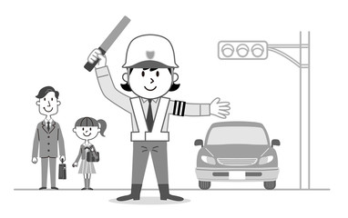 女性警備員　誘導業務　モノクロ