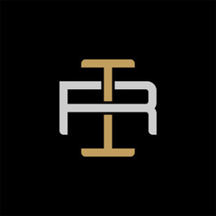 Initial letter R and I, RI, IR, overlapping interlock logo, monogram line art style, silver gold on black background