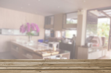 wood table top and Blurred food bar
