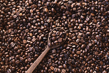 Roasted coffee Arabica coffee quality And a wooden spoon