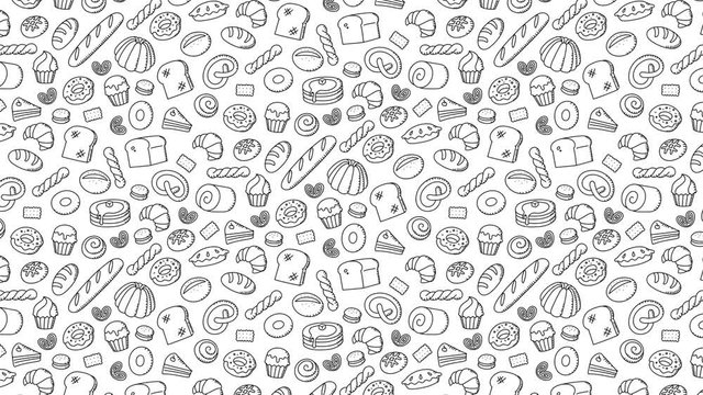 Bakery moving pattern background cartoon hand drawing outline stroke illustration isolated on white background seamless looping animation 4K