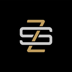 Initial letter S and Z, SZ, ZS, overlapping interlock logo, monogram line art style, silver gold on black background