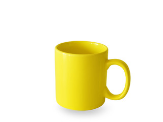 Yellow mug empty blank for coffee or tea isolated on white background with clipping path