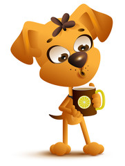 Yellow cartoon dog drinks hot tea with lemon