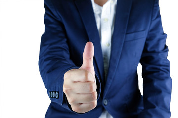 Businessman showing thumbs up isolated on white background.