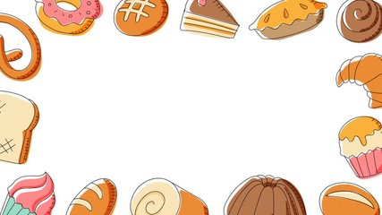 Bakery moving frame pattern background cartoon hand drawing illustration isolated on white background seamless looping animation 4K, with center copy space
