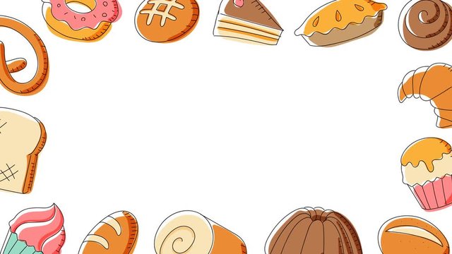 Bakery moving frame pattern background cartoon hand drawing illustration isolated on white background seamless looping animation 4K, with center copy space