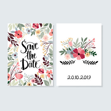 Save the date invitation with floral design and hand lettering