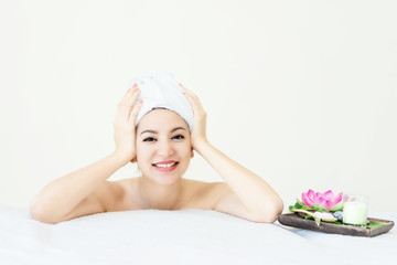 Skin Care Advertising Model.Beautiful Spa Woman with perfect skin showing empty copy space