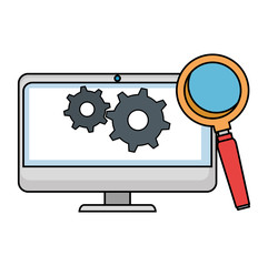 monitor computer with gears and magnifying glass