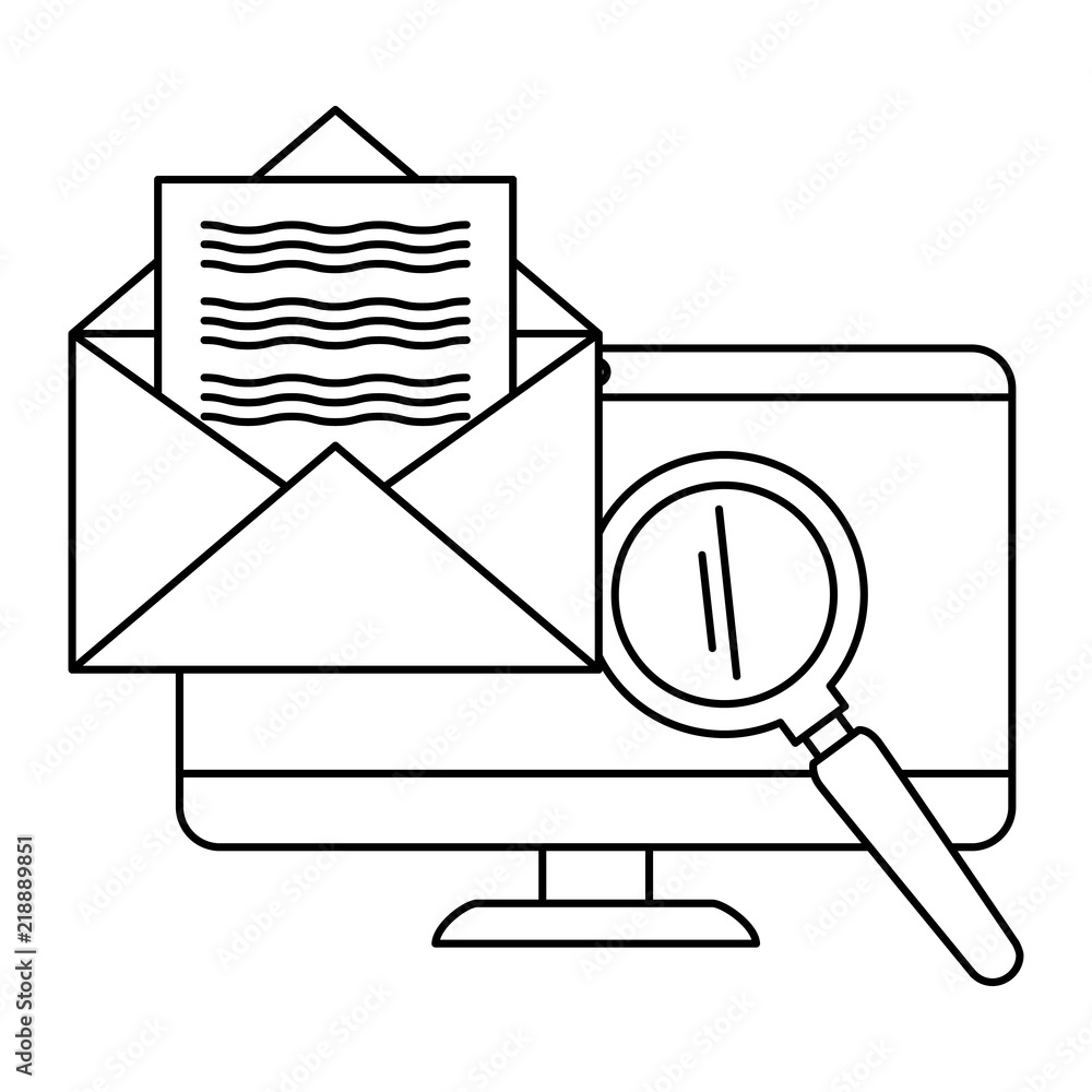 Poster computer with envelope mail and magnifying glass