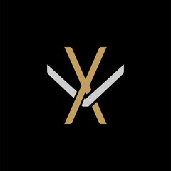 Initial letter V and X, VX, XV, overlapping interlock logo, monogram line art style, silver gold on black background