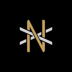 Initial letter X and N, XN, NX, overlapping interlock logo, monogram line art style, silver gold on black background