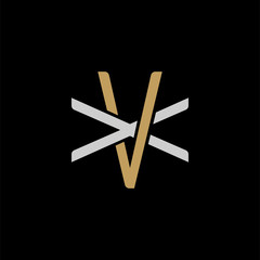 Initial letter X and V, XV, VX, overlapping interlock logo, monogram line art style, silver gold on black background