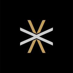 Initial letter X and X, XX, overlapping interlock logo, monogram line art style, silver gold on black background