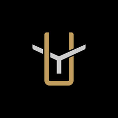 Initial letter Y and U, YU, UY, overlapping interlock logo, monogram line art style, silver gold on black background