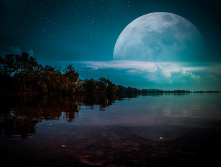 Photo Manipulation. Landscape of night sky with many stars. cinematic teal