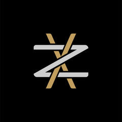 Initial letter Z and X, ZX, XZ, overlapping interlock logo, monogram line art style, silver gold on black background