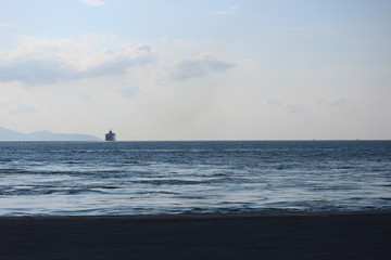 Fototapeta premium Ship goes to Evia, view of the morning Mediterranean sea, Greece