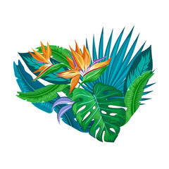 Heart of tropical flowers, palm leaves, jungle leaves, bird of paradise. Tropical trendy  