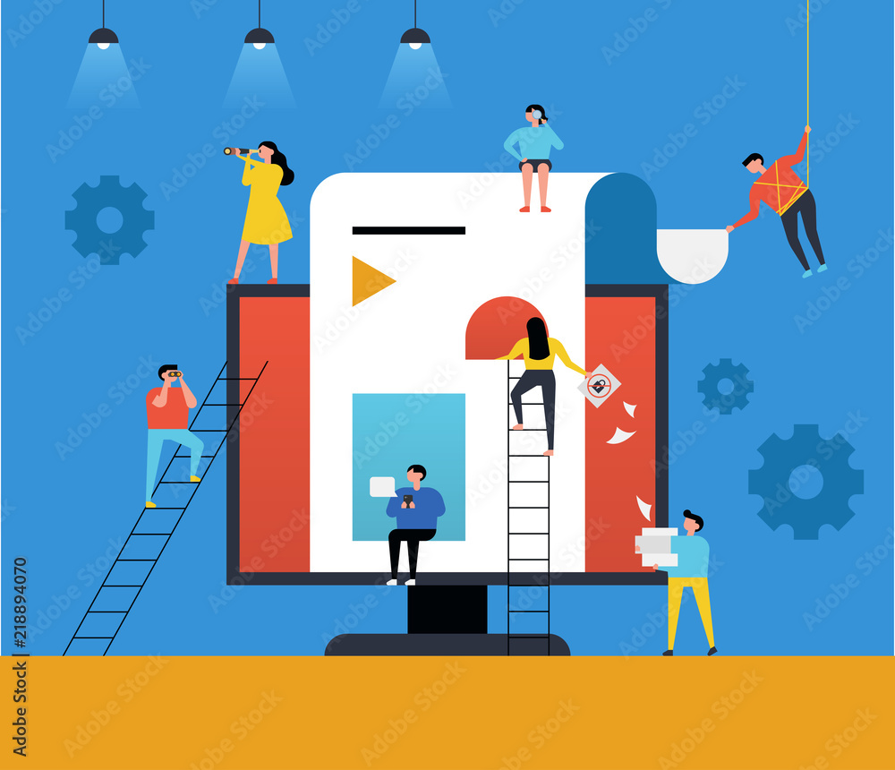 Poster small characters that make web pages around huge monitors.. flat design style vector graphic illustr
