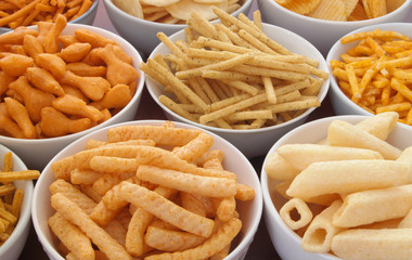 Assortment of snackes, fast food background 