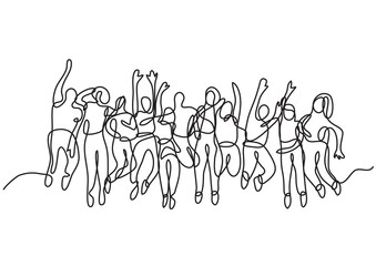 Obraz premium continuous line drawing of large group of jumping people