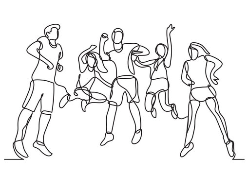 continuous line drawing of happy teenagers jumping and having fun