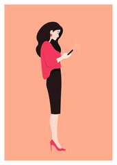 Fototapeta na wymiar A woman is standing in profile. The girl is holding a phone. Vector Flat Illustration