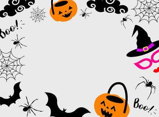 Halloween background design with spiders, bat, cobweb, pumpkin, mask. Silhouettes style. Vector illustration.