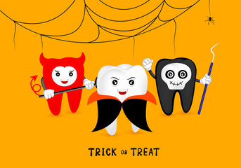 Funny cute cartoon tooth character. Dracula, Skull and devil with cobweb. happy Halloween concept. Design for banner, poster, greeting card. Illustration.