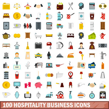 100 hospitality business icons set in flat style for any design vector illustration