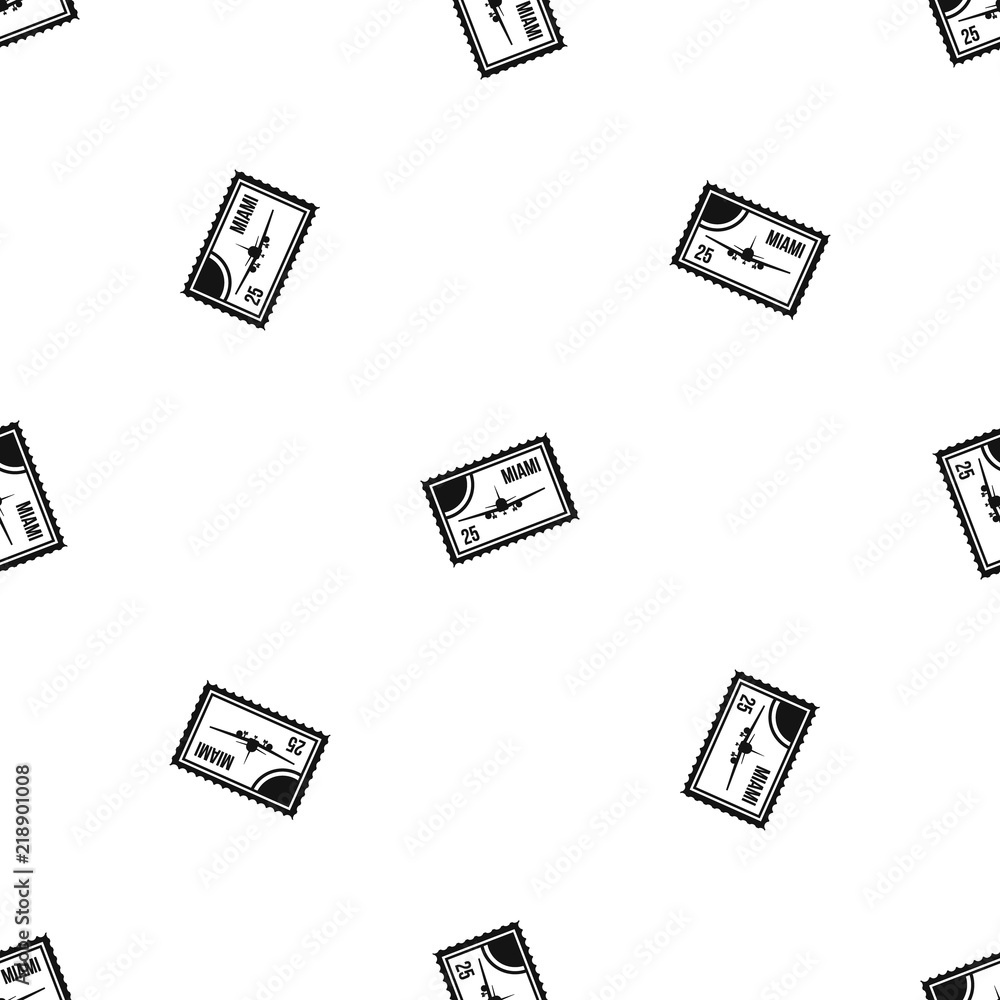 Poster stamp with plane and text miami inside pattern repeat seamless in black color for any design. vector
