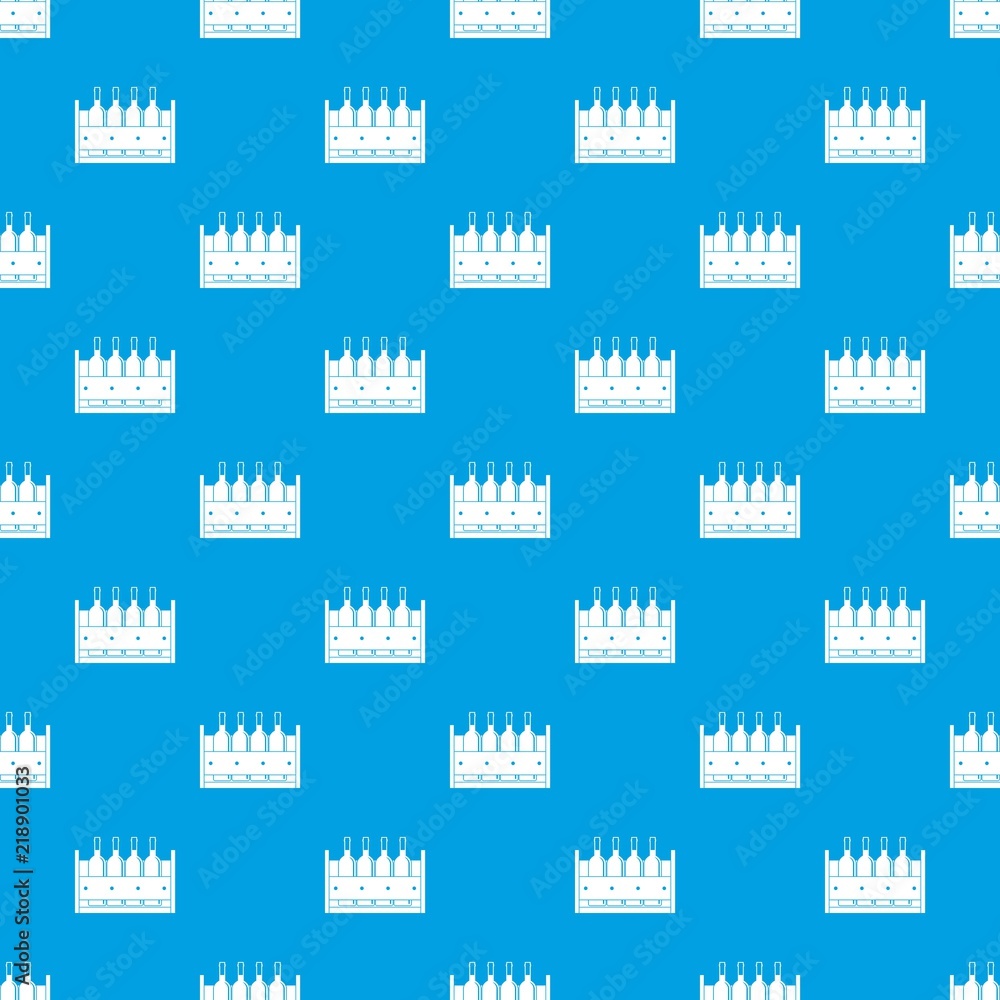 Poster four bottles of wine in a wooden box pattern repeat seamless in blue color for any design. vector ge