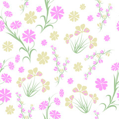 Vector seamless floral pattern on a light background small pink and yellow decorative fictitious flowers on green stems with leaves
