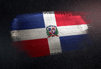 Dominican Republic Flag Made of Metallic Brush Paint on Grunge Dark Wall - obrazy, fototapety, plakaty