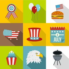 Independence day icon set. Flat style set of 9 independence day vector icons for web design