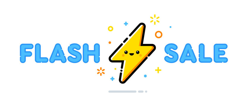 Flash Sale vector design concept. Cute lightning bolt character. Illustration template.