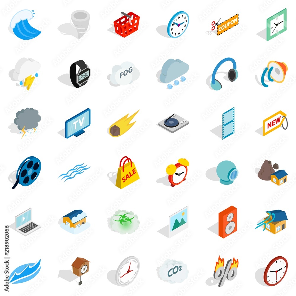 Poster time icons set. isometric style of 36 time vector icons for web isolated on white background