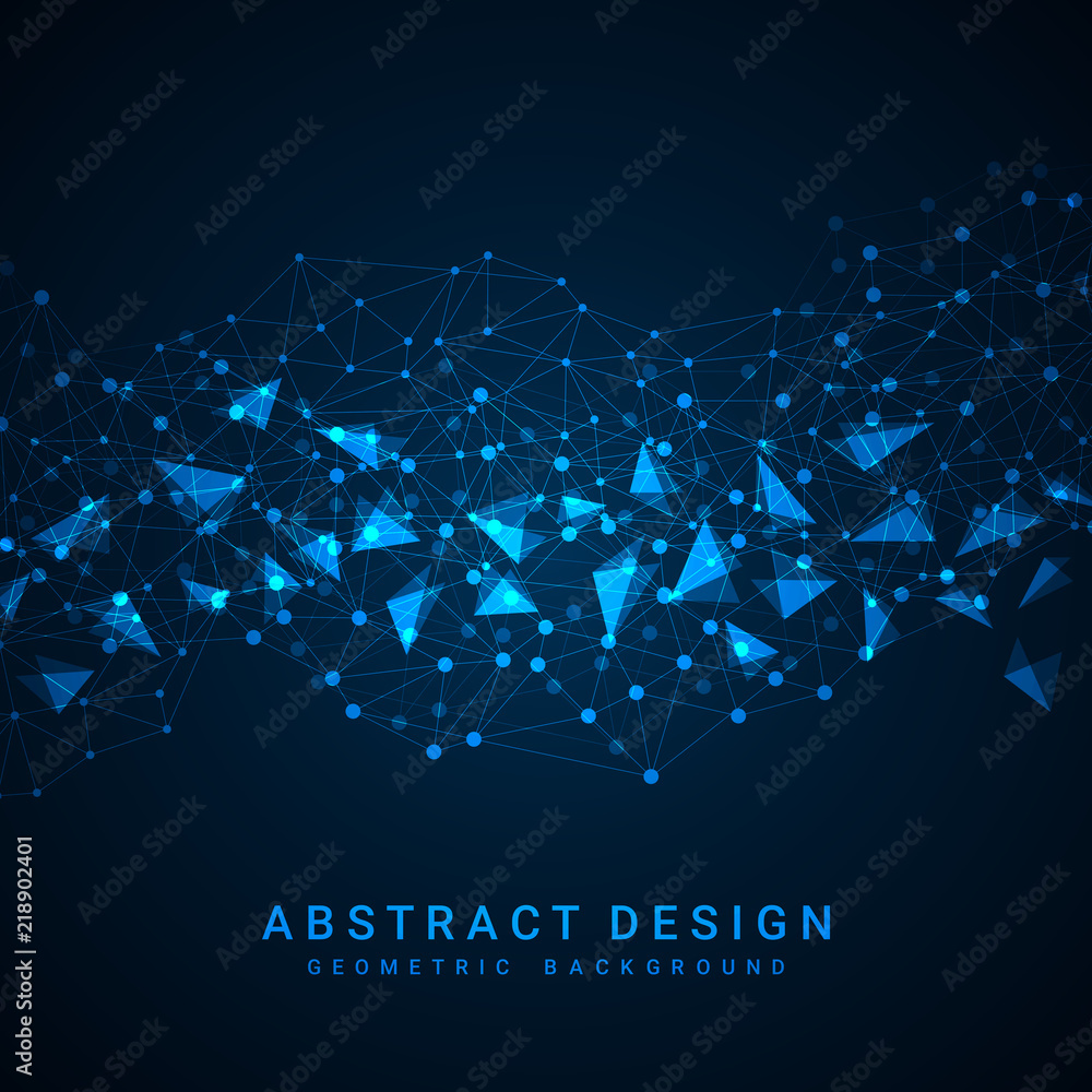Poster Abstract blue polygonal background with connecting dots and lines. Data and technology concept, network connection