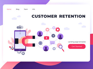 Social media ultra violet landing page template with magnet engaging followers and likes. Influence marketing or viral advertising campaign. Audience or customer retention strategy.