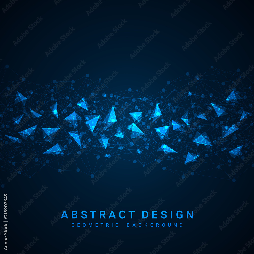 Poster Abstract blue polygonal background with connecting dots and lines. Data and technology concept, network connection