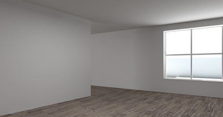 simple room no furniture available. 3d rendering white wall clean wooden floor