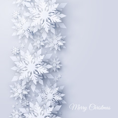 Vector Christmas and new year holidays background with realistic looking paper craft snowflakes. Seasonal wishes Merry Christmas and Happy New Year greeting card