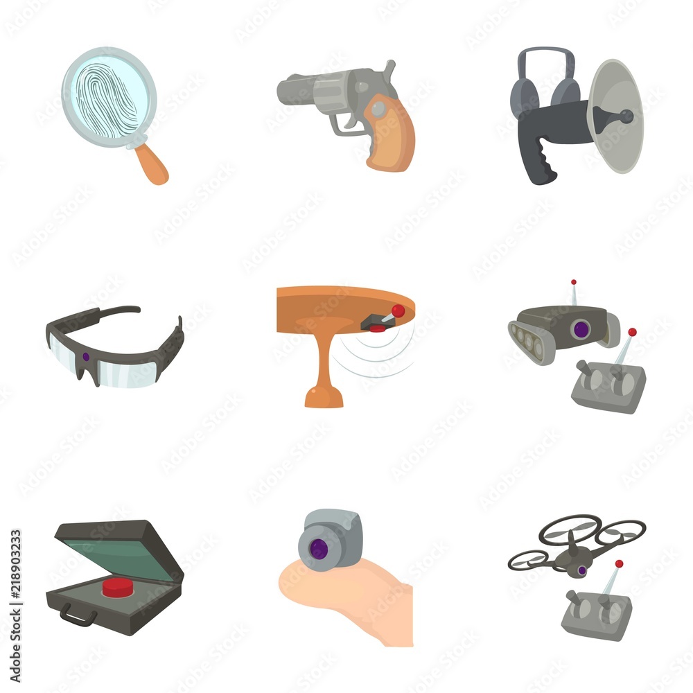 Poster spy agent icons set. cartoon set of 9 spy agent vector icons for web isolated on white background