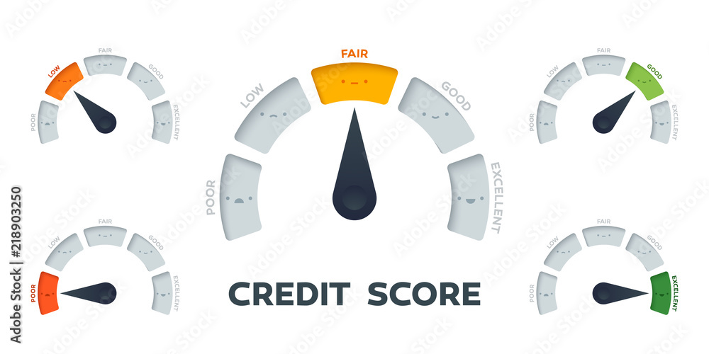 Fototapete credit score vector gauge. all states with different arrow position. 5 different colors and states f
