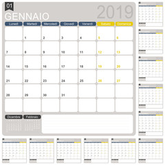 Italian calendar 2019 / Italian calendar template for year 2019, set of 12 months, week starts on Monday, printable calendar template, calendar planner 2019, vector illustration