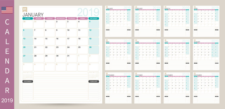 English calendar 2019 / English calendar planner 2019, week starts on Sunday, set of 12 months January - December, simple calendar template, set desk calendar template, vector illustration